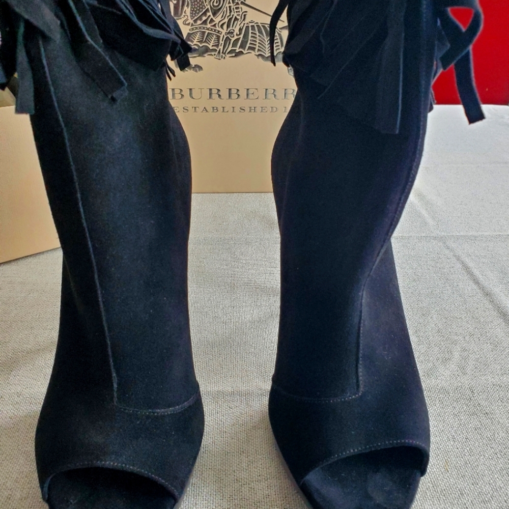 Burberry Black Suede Fringe Heels peep-toe ankle boot .Size 41